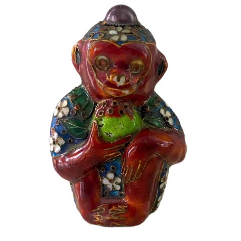 Vintage Les Bernard’s Cloisonné Monkey Eating A Strawberry Figurine from the 60s
